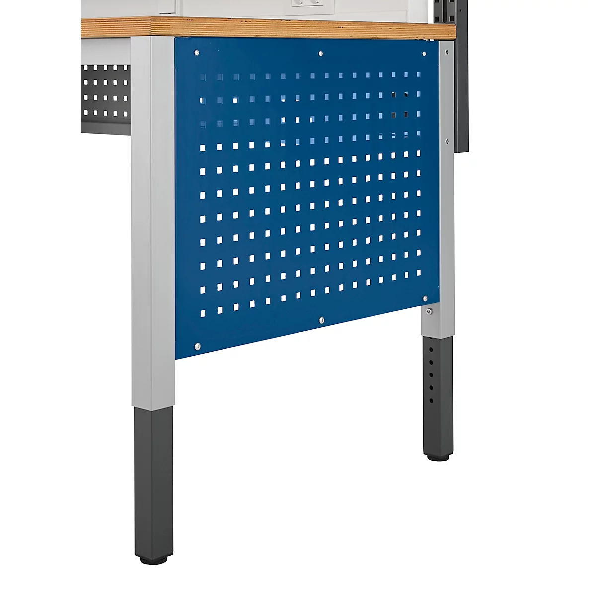 Schäfer Shop Pure Panneau latéral pour tables de travail réglables en hauteur manuellement AST31, trame de trous 38 x 10 mm, jusqu'à 50 kg, acier, bleu gentiane