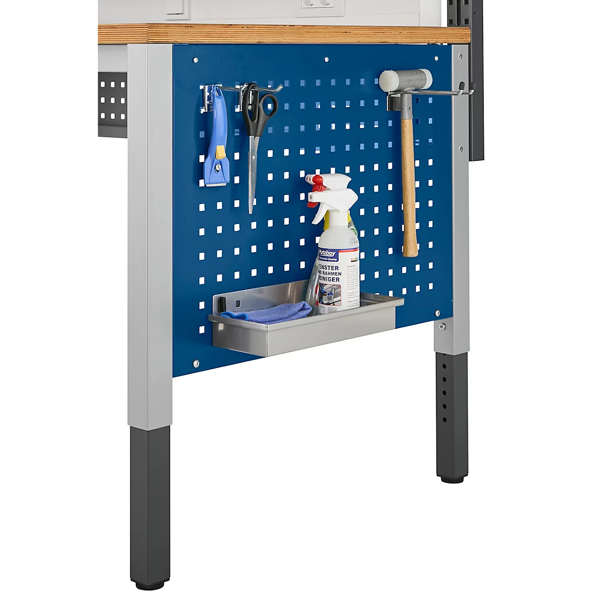 Schäfer Shop Pure Panneau latéral pour tables de travail réglables en hauteur manuellement AST31, trame de trous 38 x 10 mm, jusqu'à 50 kg, acier, bleu gentiane