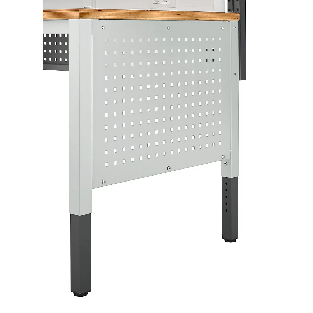 Schäfer Shop Pure Panneau latéral pour tables de travail réglables en hauteur manuellement AST31, trame de trous 38 x 10 mm, jusqu'à 50 kg, acier, gris clair