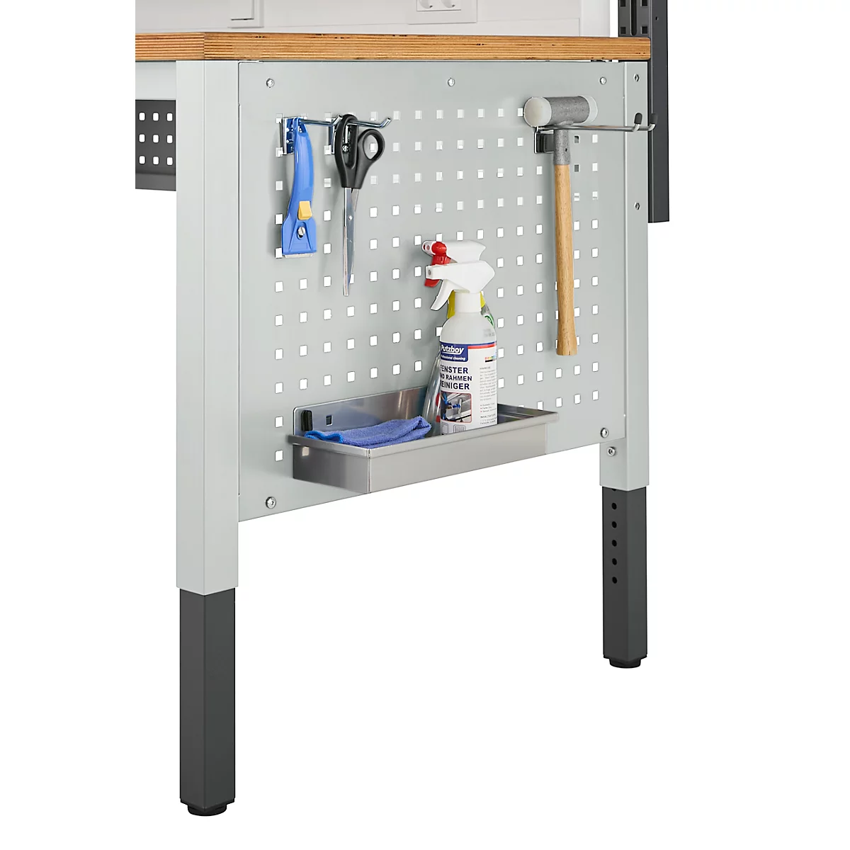 Schäfer Shop Pure Panneau latéral pour tables de travail réglables en hauteur manuellement AST31, trame de trous 38 x 10 mm, jusqu'à 50 kg, acier, gris clair