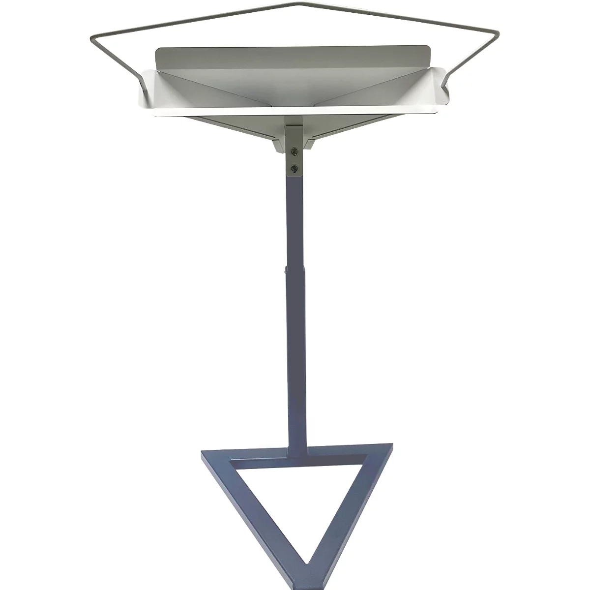 Grauer, dreieckiger Ständer mit Ablage. Ein Metallbügel hält die obere Ablage. Die untere bildet ein umgekehrtes Dreieck.