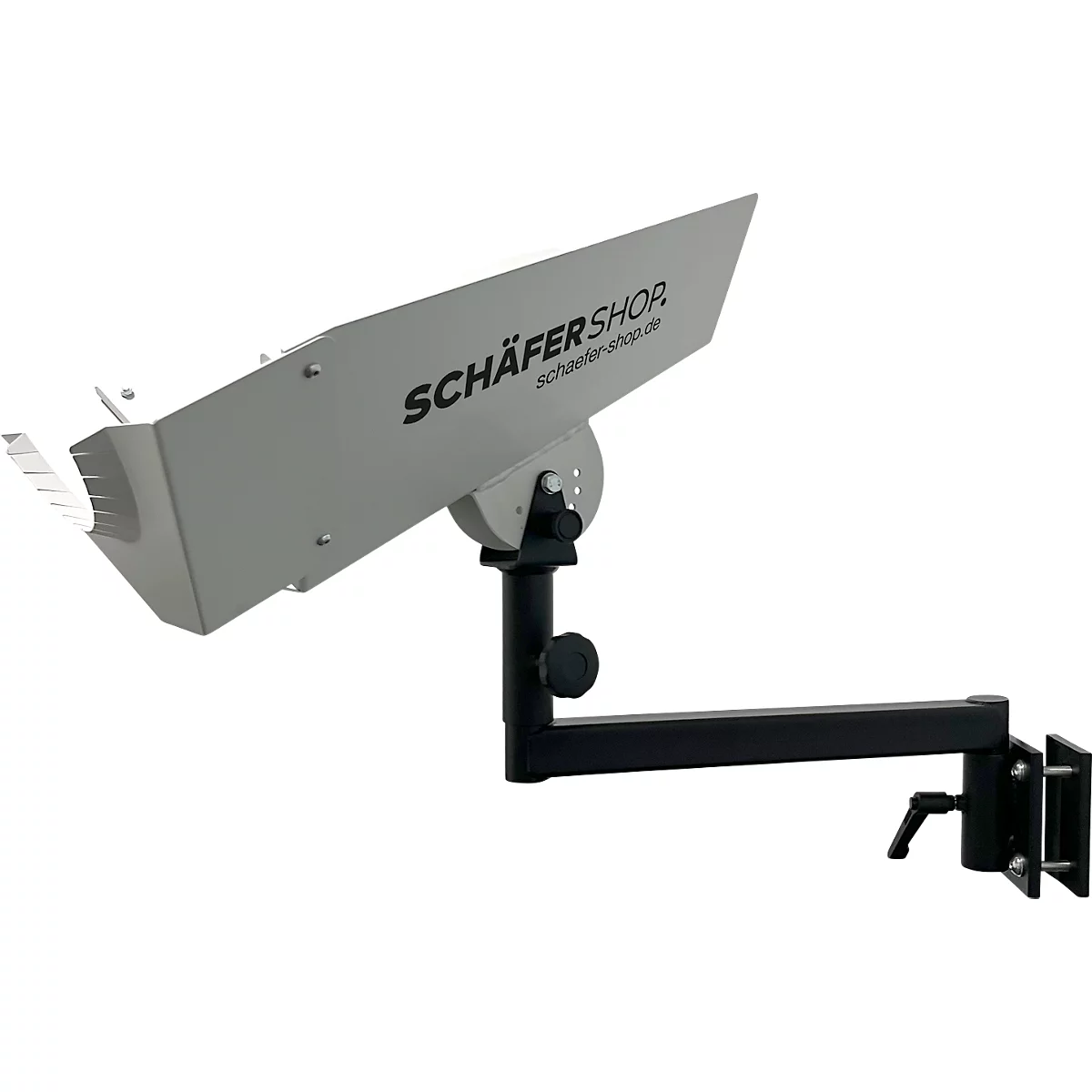 Grauer Wärmestrahler, montiert an schwarzem Arm und Halterung. Auf dem Schild steht: SCHÄFER SHOP.