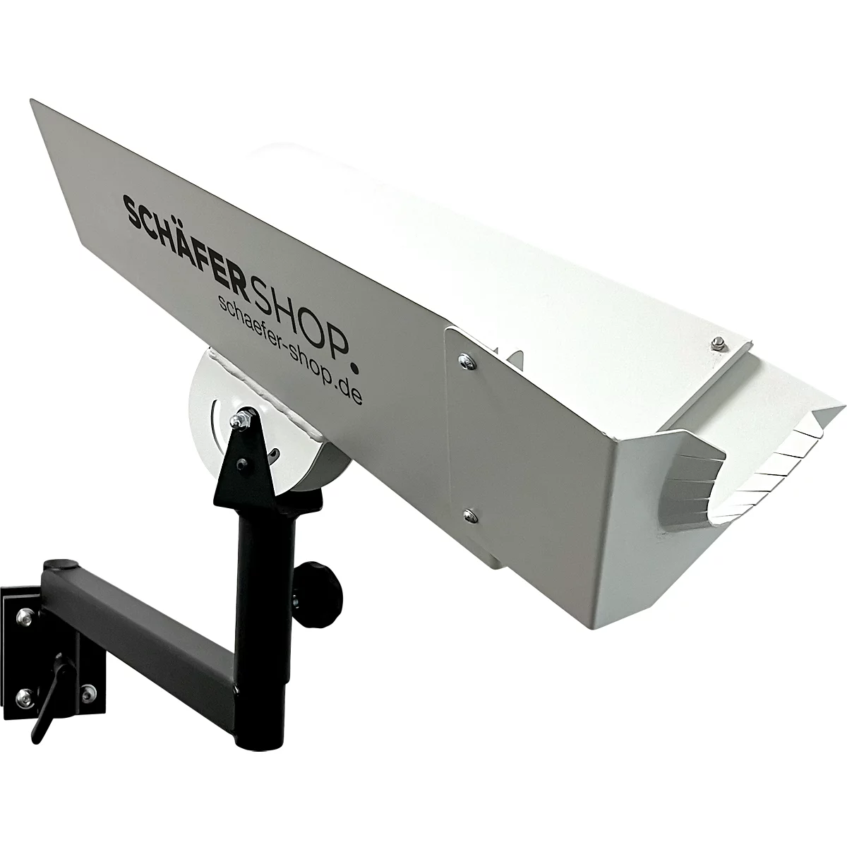 Weiße Kamera mit Halterung, befestigt an einer Wand. Auf der Kamera steht "SCHÄFERSHOP".