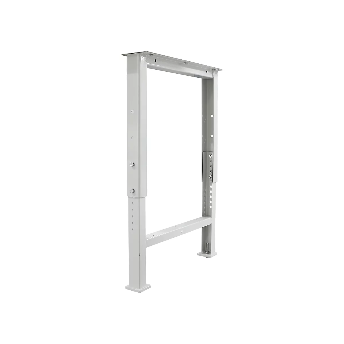 White, rectangular metal frame for a table. The construction consists of vertical and horizontal struts with holes and screws.