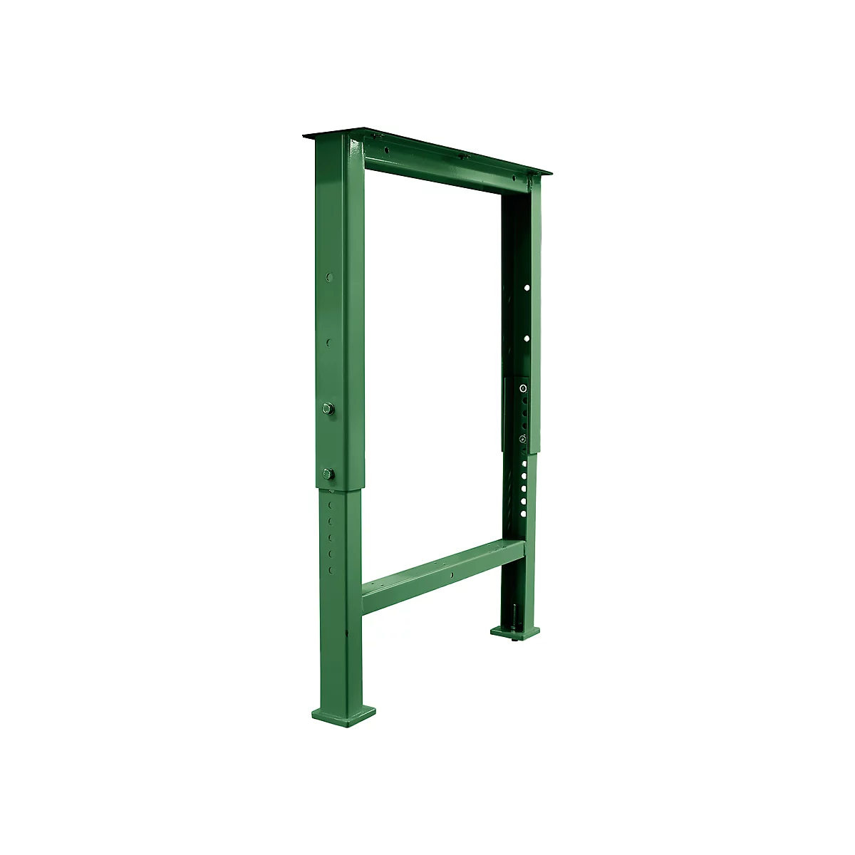 Green, rectangular metal frame with adjustment options, for a piece of furniture.