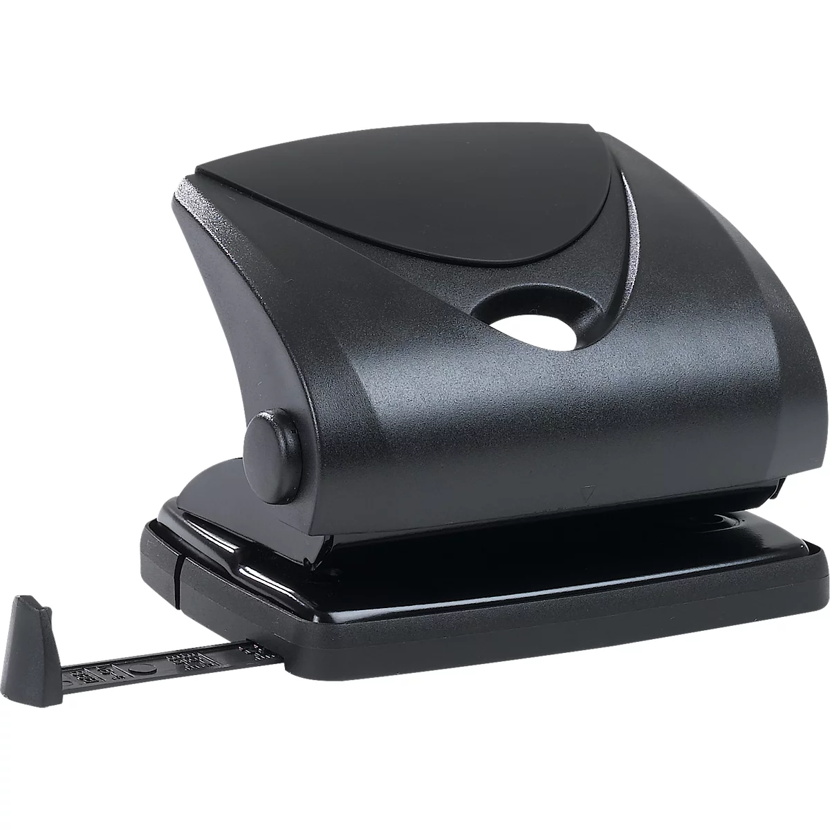 Zwarte perforator. De papiertray is uitgetrokken.