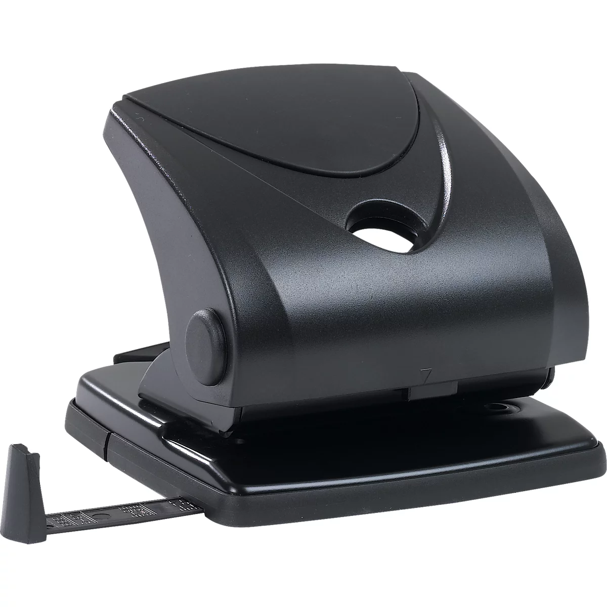 Zwarte perforator op witte achtergrond. Het apparaat heeft een gebogen vorm en een ronde knop. Het is een kantoorbenodigdheid.