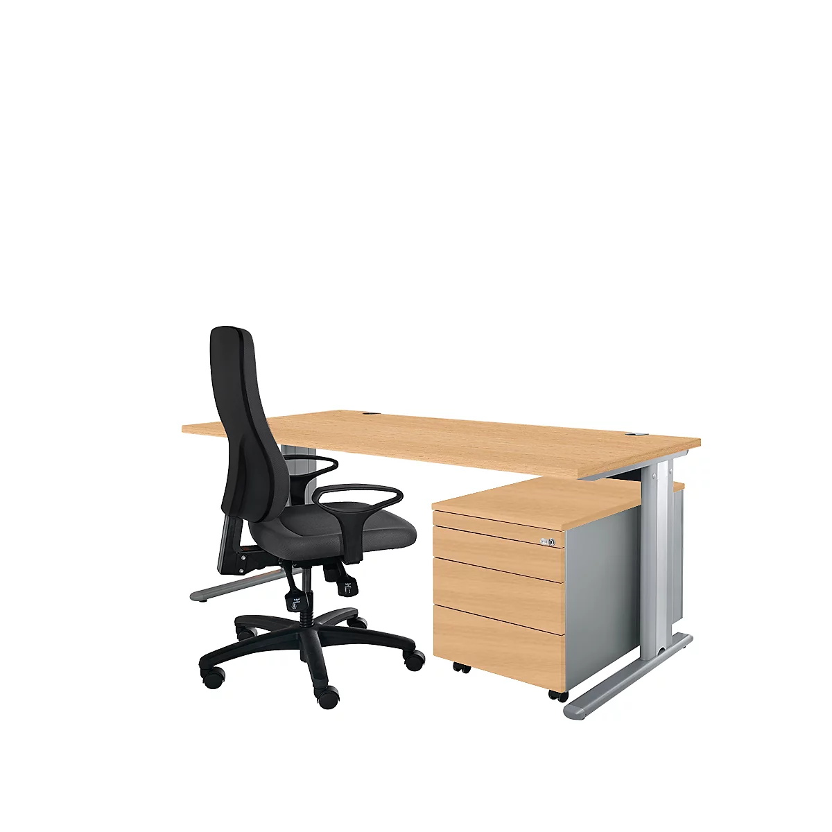 Office chair and desk on a white background. The chair is black, the desk is wood-colored and has a drawer cabinet.