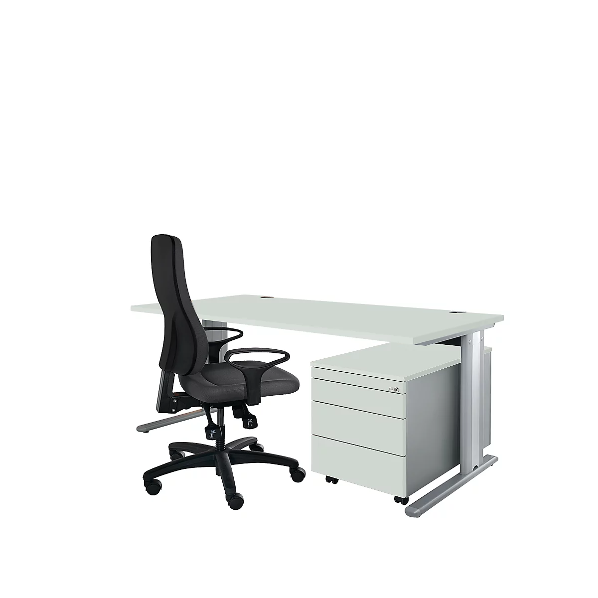 White desk with office chair, on a white background.