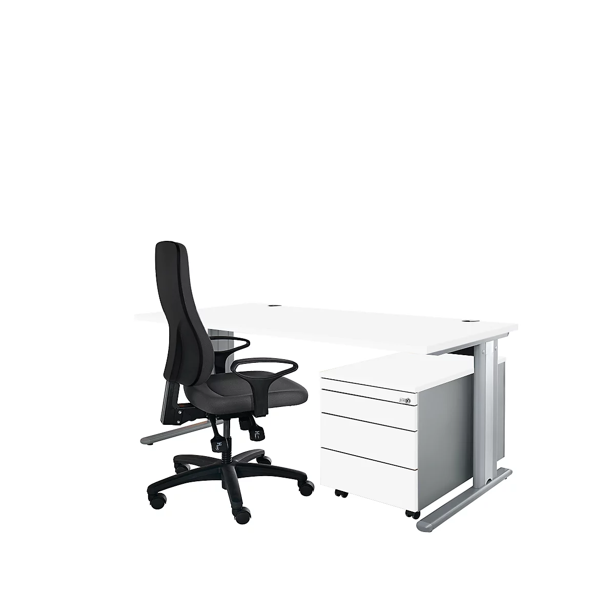 White office desk with black office chair in front. On the right a white container with three drawers.