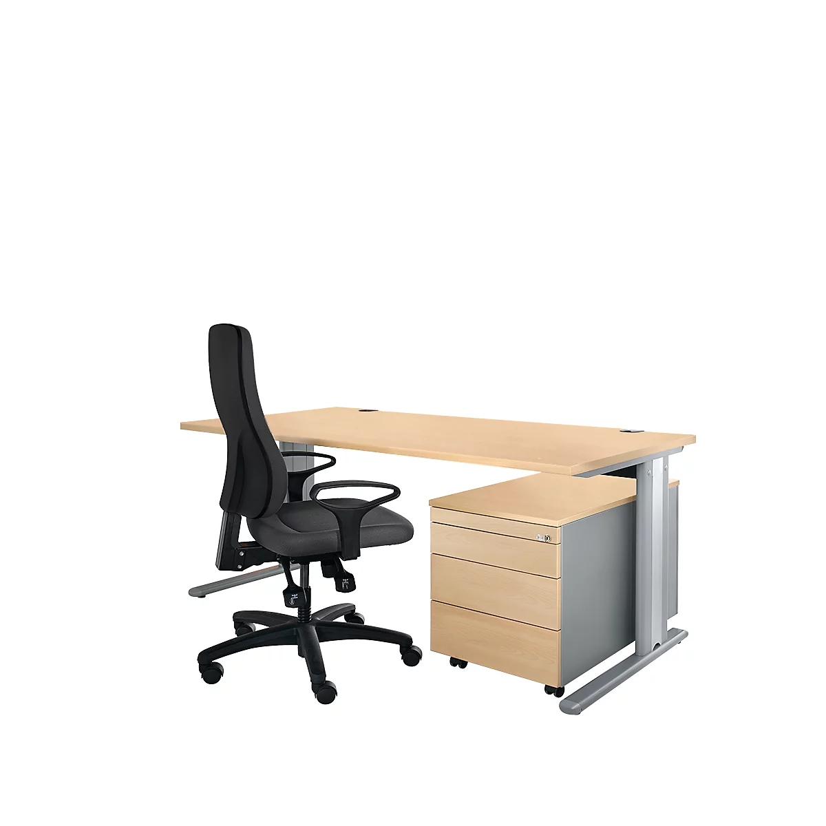 Office desk with chair. The desk is light brown with a gray base. The chair is black.