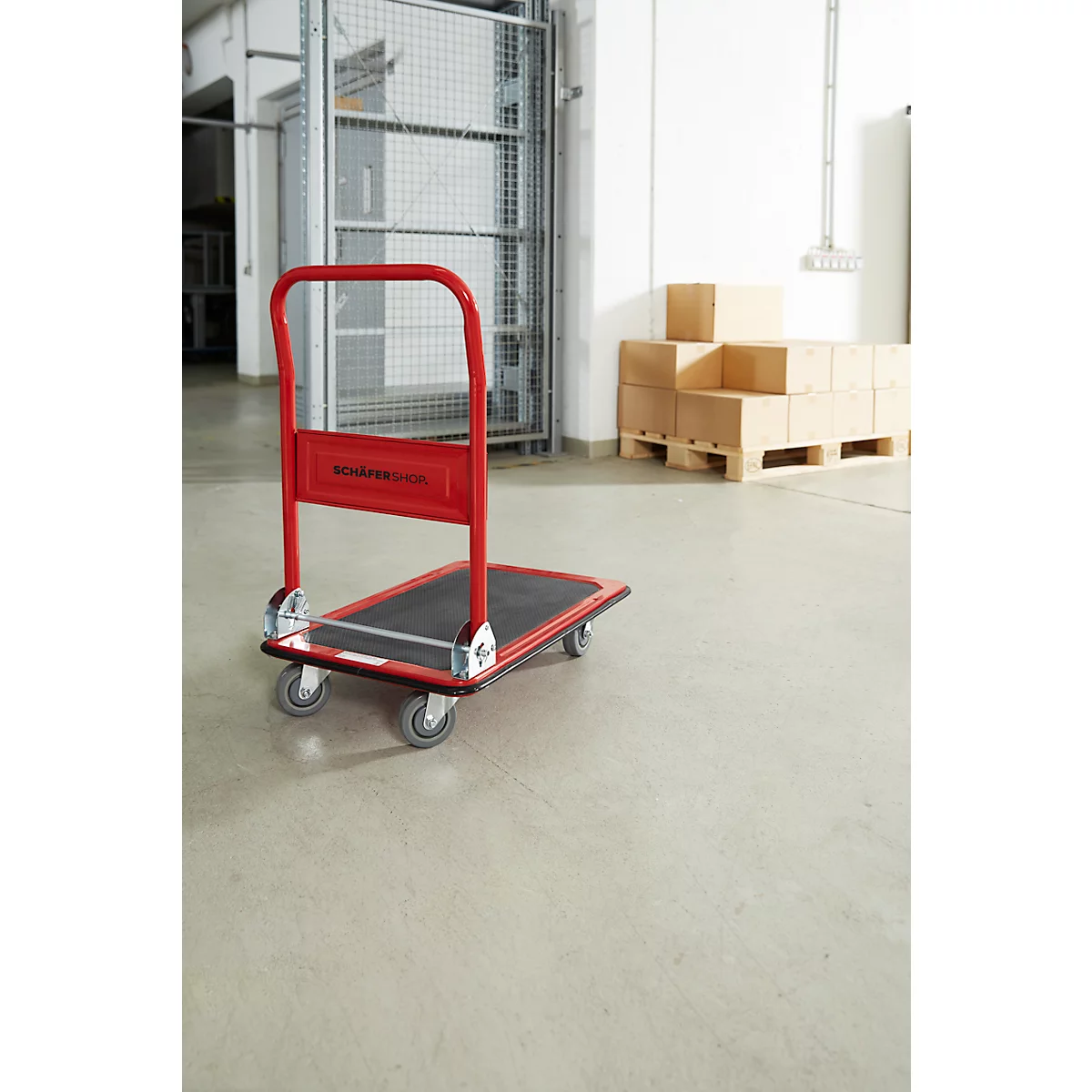 Schäfer Shop Pure Plateauwagen, inklapbare duwbeugel, L 725 x B 475 mm, draagvermogen 150 kg, rood