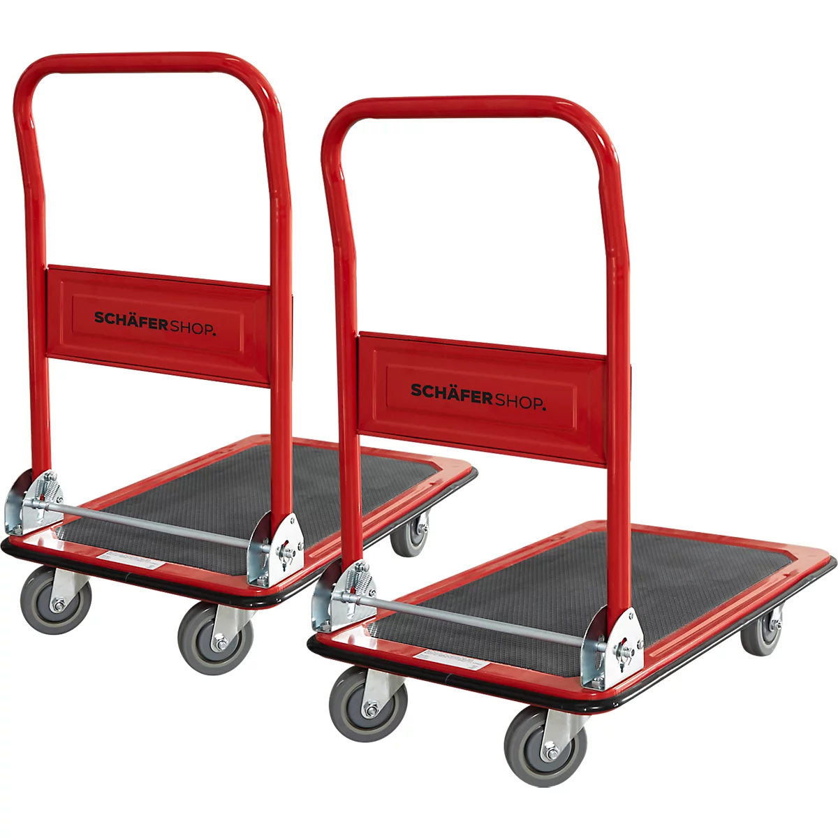 Schäfer Shop Pure platformwagen, inklapbare duwbeugel, antislipbekleding, zwenk- en bokwielen, tot 150 kg, L 725 x B 475 x H 835 mm, 2 st.