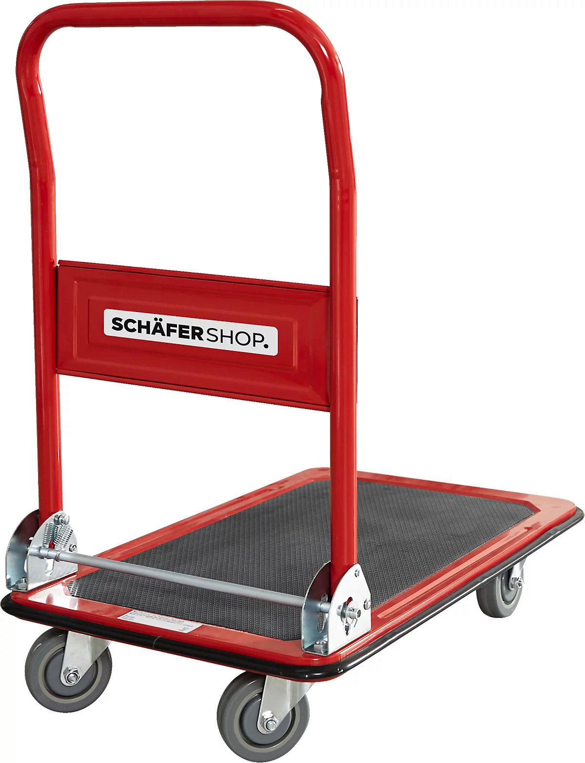 Schäfer Shop Pure Plattformwagen, klappbarer Schiebebügel, Antirutsch-Belag, Lenk- & Bockrollen, bis 150 kg, L 725 x B 475 x H 835 mm, rot-schwarz
