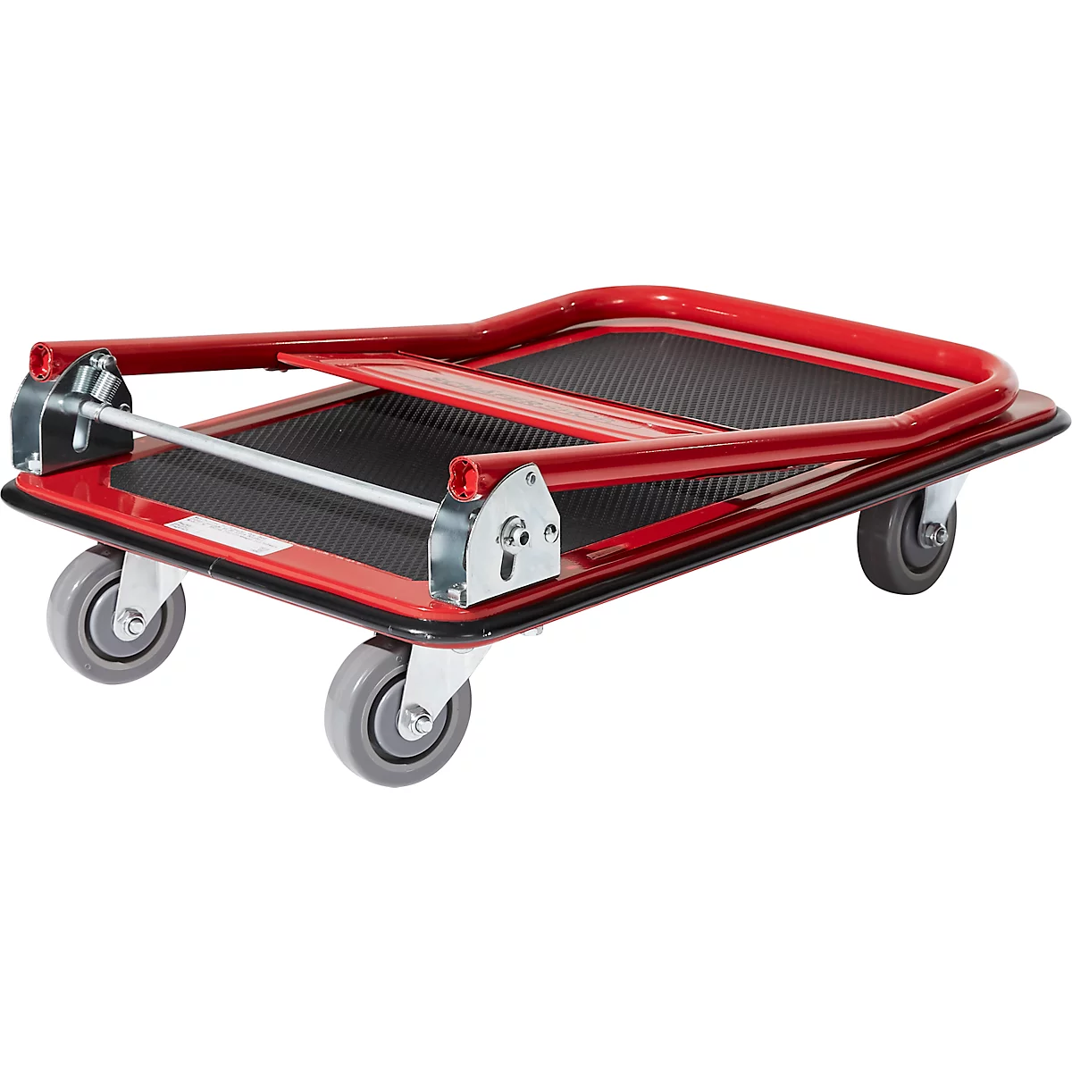 Schäfer Shop Pure Plattformwagen, klappbarer Schiebebügel, Antirutsch-Belag, Lenk- & Bockrollen, bis 150 kg, L 725 x B 475 x H 835 mm, rot-schwarz