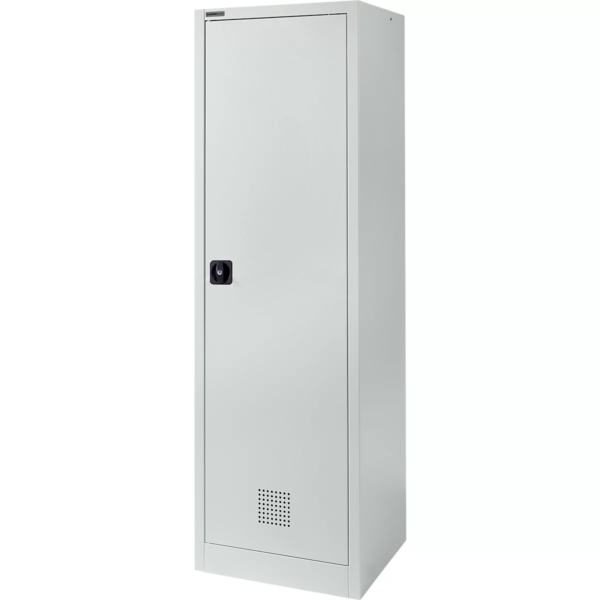 Grauer Stahlschrank mit schwarzem Griff und Belüftungsgitter am unteren Ende.