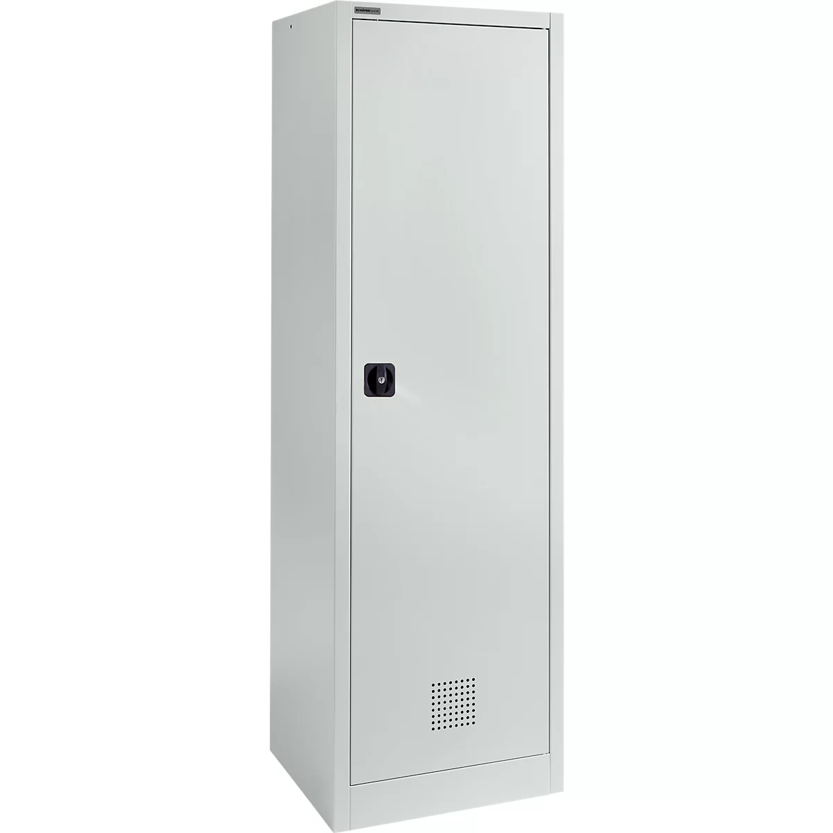 Ein weißer, hoher Stahlschrank mit einer Tür. Der Schrank hat einen schwarzen Griff und ein Lüftungsgitter.