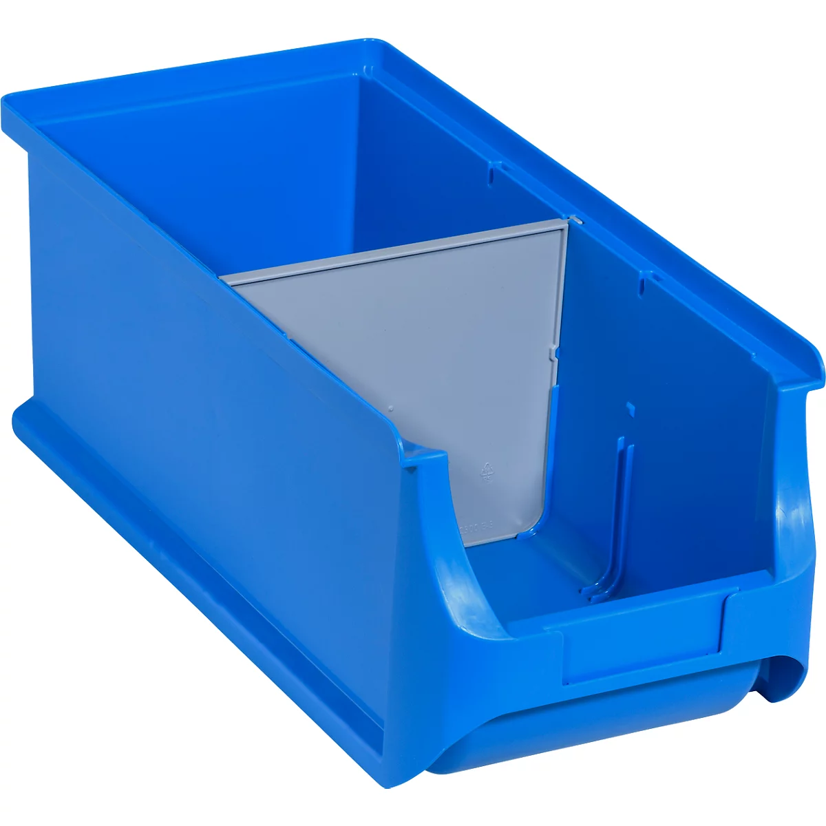 Blaue Sichtlagerbox aus Kunststoff mit grauer Trennwand vor weißem Hintergrund.