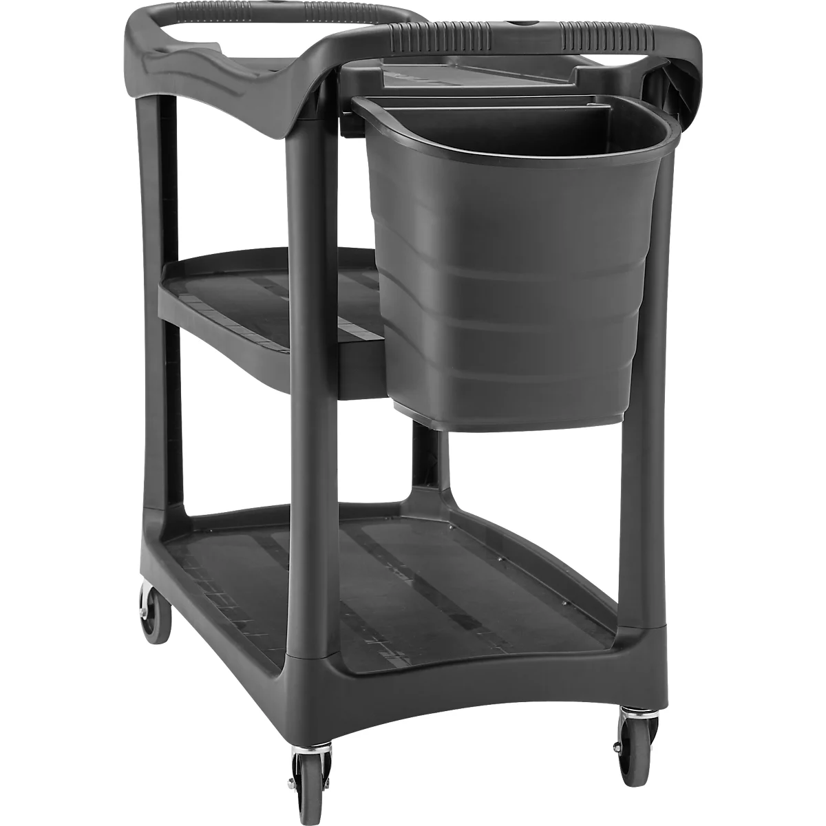 Ein schwarzer Servierwagen mit drei Ebenen, Rädern und einem Eimer.