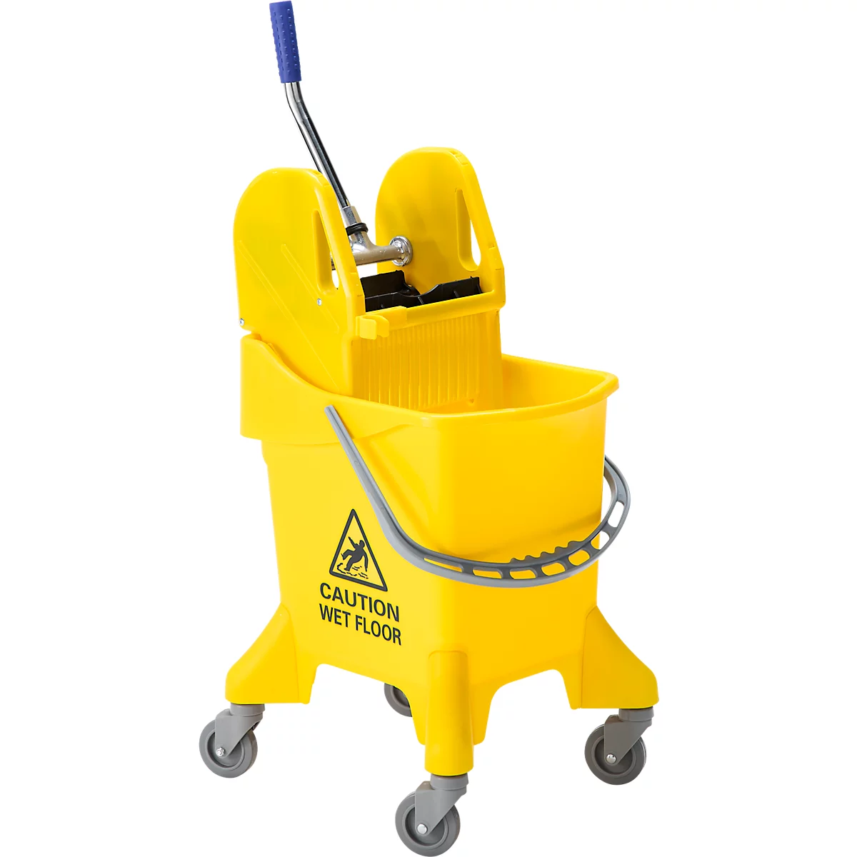 Gelber Wischmopp-Eimer mit Rollen, blauem Griff und "CAUTION WET FLOOR"-Aufdruck.