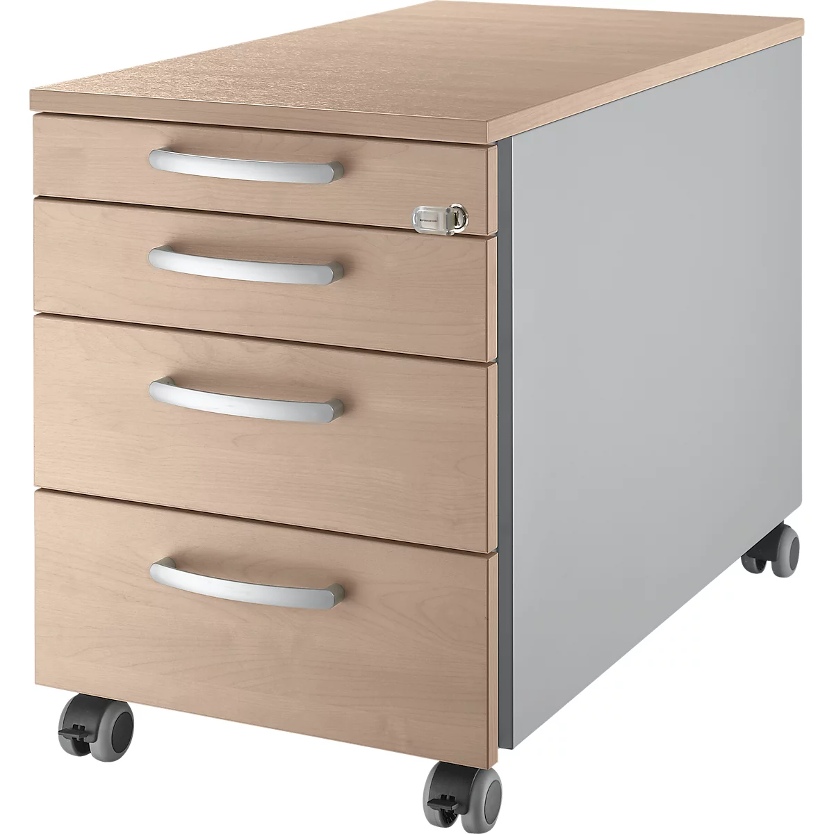 Rollcontainer in Holzoptik mit vier Schubladen, silberfarbenen Griffen und Rollen. Rechts: graue Seitenwand.