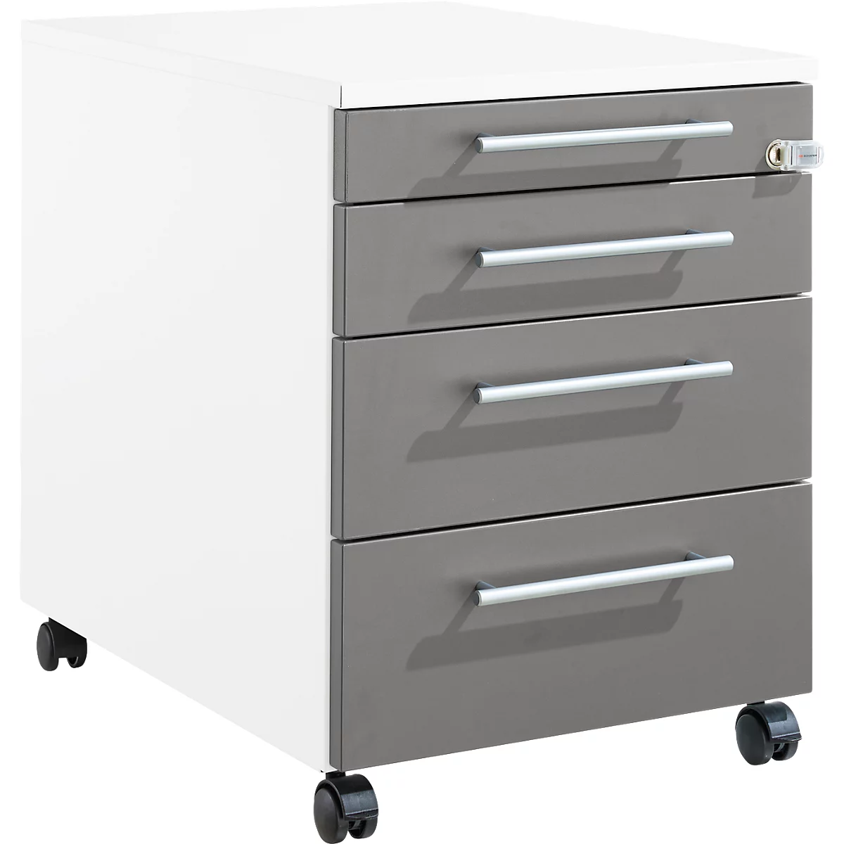 Schäfer Shop Pure Rollcontainer 1233, Utensilienauszug + 3 Schubladen, abschließbar, eckige Metallgriffe, B 434 x T 600 x H 570 mm, weiß/anthrazit