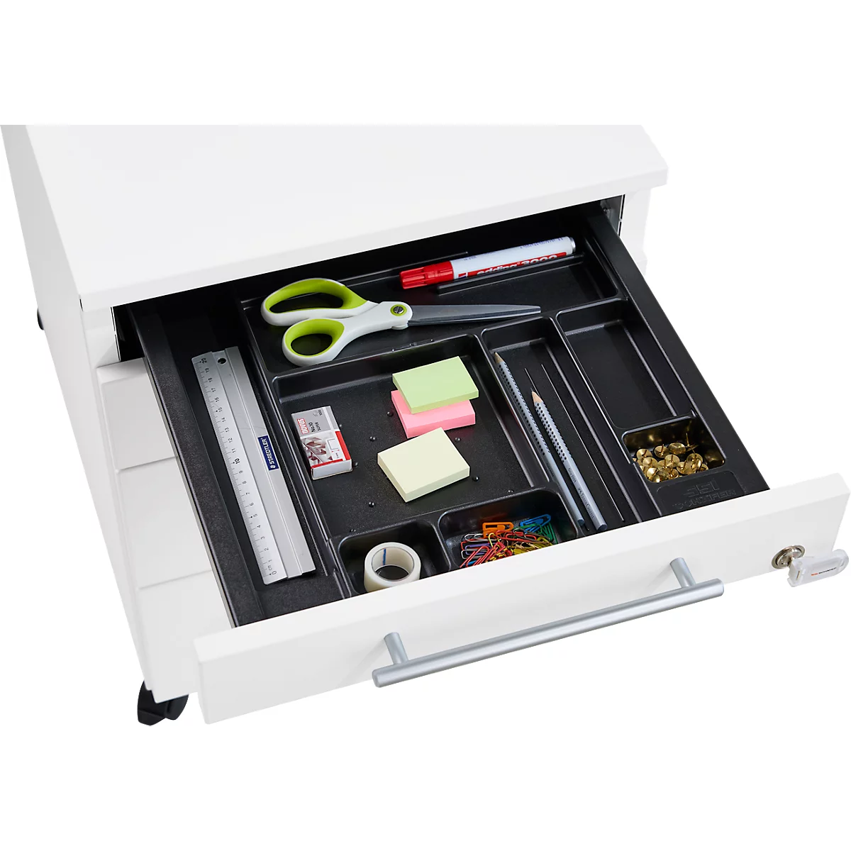 Schäfer Shop Pure Rollcontainer 1233, Utensilienauszug + 3 Schubladen, abschließbar, eckige Metallgriffe, B 434 x T 600 x H 570 mm, weiß/anthrazit