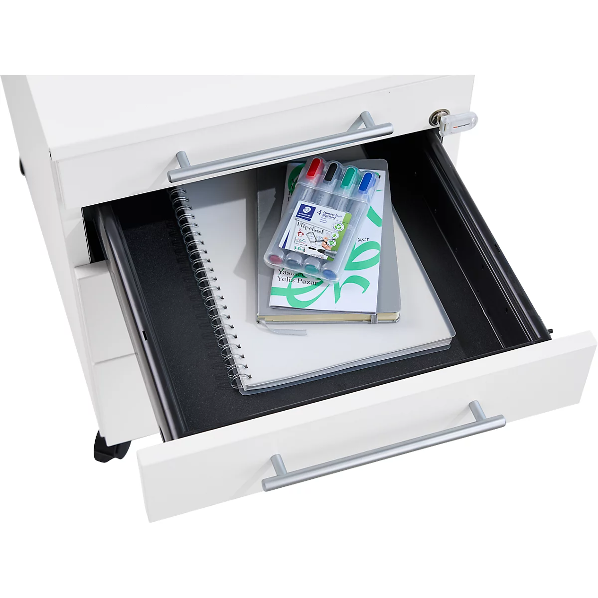 Schäfer Shop Pure Rollcontainer 1233, Utensilienauszug + 3 Schubladen, abschließbar, eckige Metallgriffe, B 434 x T 600 x H 570 mm, weiß/anthrazit