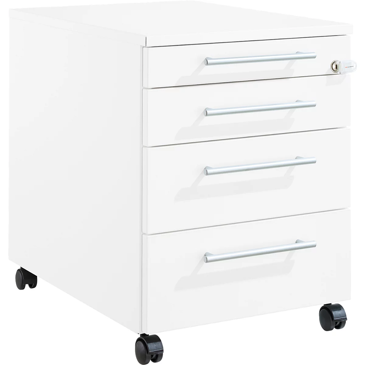 Schäfer Shop Pure Rollcontainer 1233, Utensilienauszug + 3 Schubladen, abschließbar, eckige Metallgriffe, B 434 x T 600 x H 570 mm, weiß/weiß