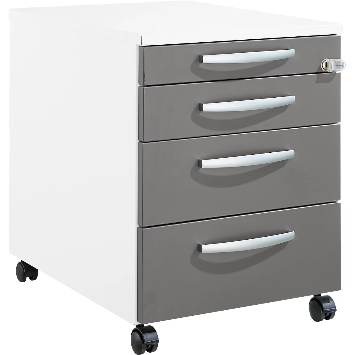 Schäfer Shop Pure Rollcontainer 1233, Utensilienauszug + 3 Schubladen, abschließbar, runde Metallgriffe, B 434 x T 600 x H 570 mm, weiß/anthrazit