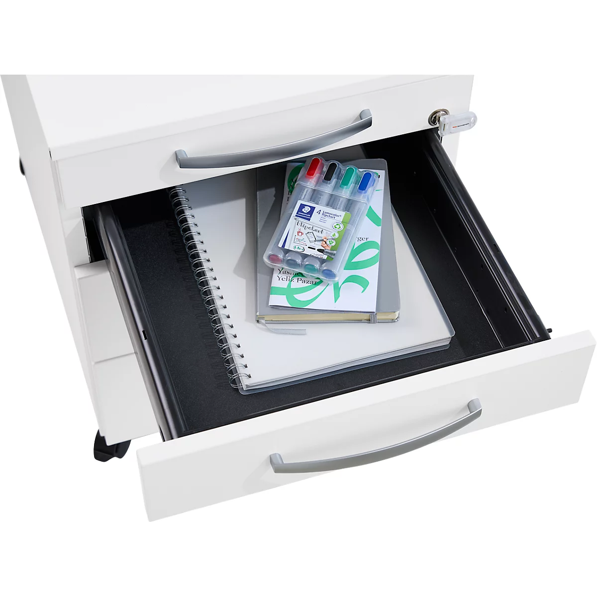 Schäfer Shop Pure Rollcontainer 1233, Utensilienauszug + 3 Schubladen, abschließbar, runde Metallgriffe, B 434 x T 600 x H 570 mm, weiß/anthrazit
