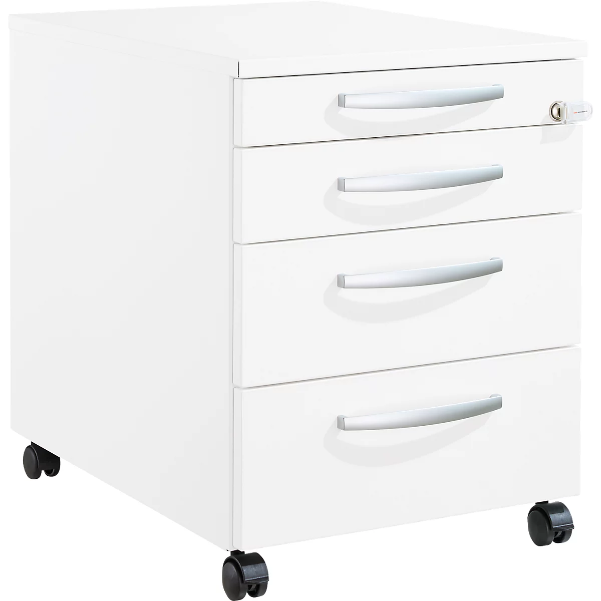 Schäfer Shop Pure Rollcontainer 1233, Utensilienauszug + 3 Schubladen, abschließbar, runde Metallgriffe, B 434 x T 600 x H 570 mm, weiß/weiß
