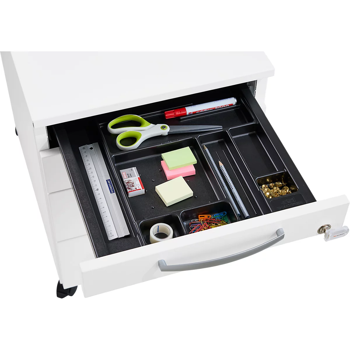 Schäfer Shop Pure Rollcontainer 1233, Utensilienauszug + 3 Schubladen, abschließbar, runde Metallgriffe, B 434 x T 600 x H 570 mm, weiß/weiß