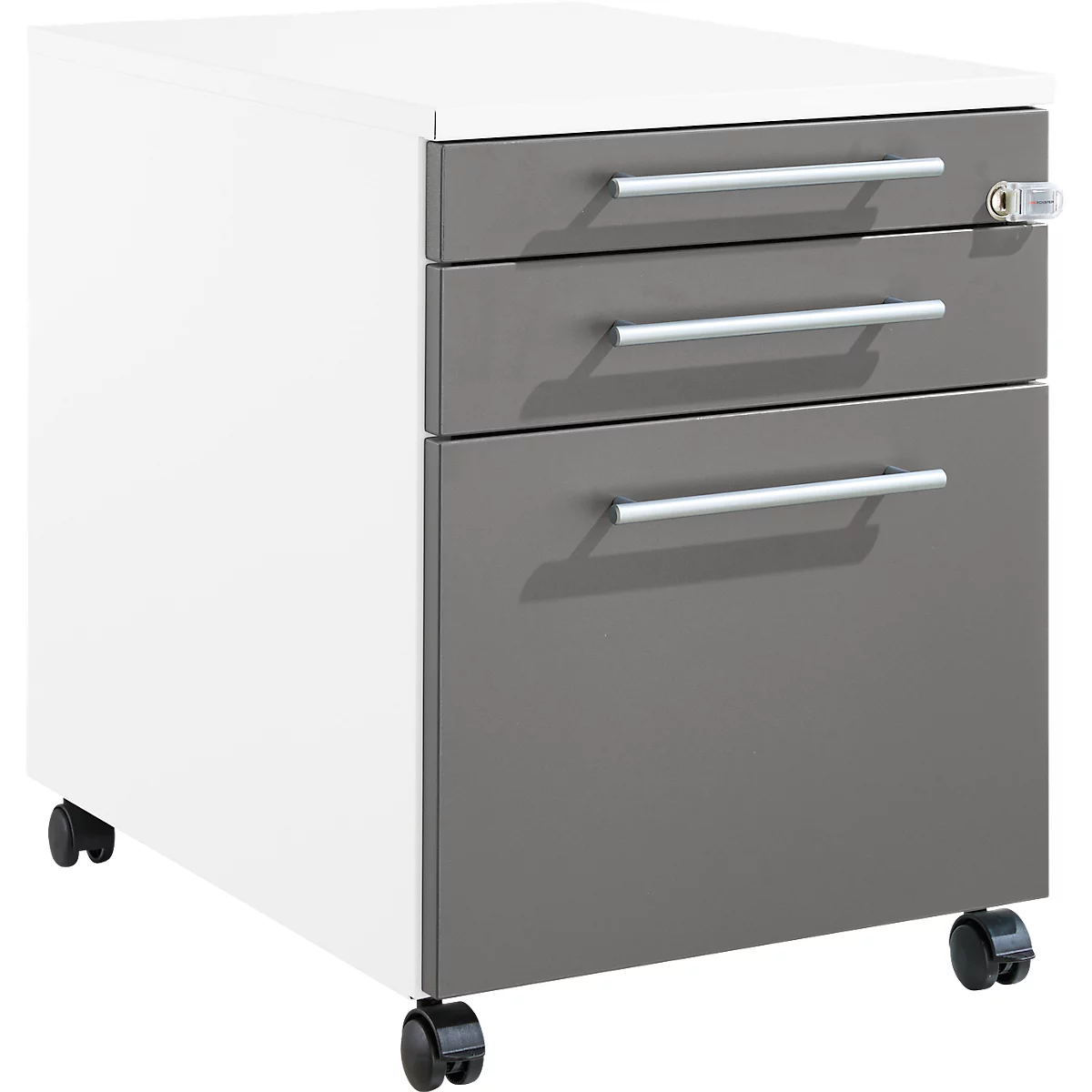 Schäfer Shop Pure Rollcontainer 126, Utensilienauszug + 2 Schubladen, abschließbar, eckige Metallgriffe, B 434 x T 600 x H 570 mm, weiß/anthrazit