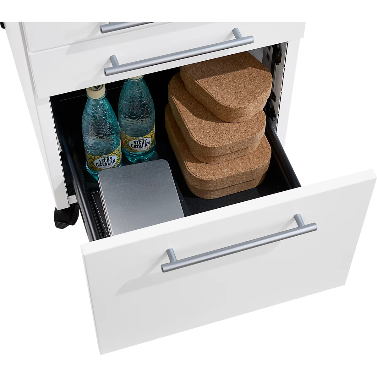 Schäfer Shop Pure Rollcontainer 126, Utensilienauszug + 2 Schubladen, abschließbar, eckige Metallgriffe, B 434 x T 600 x H 570 mm, weiß/anthrazit