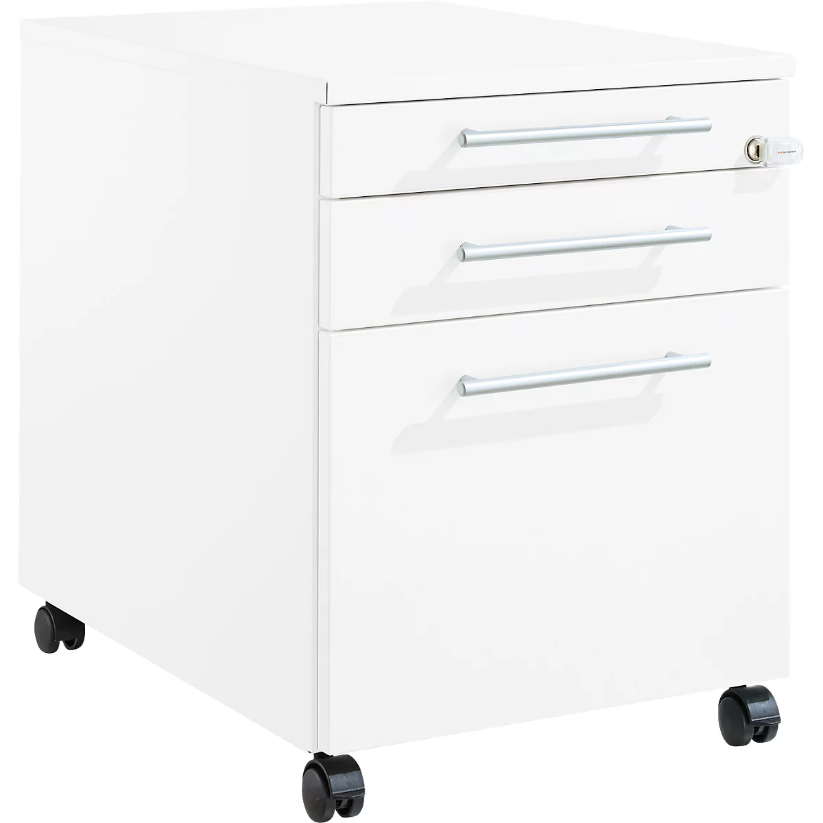 Schäfer Shop Pure Rollcontainer 126, Utensilienauszug + 2 Schubladen, abschließbar, eckige Metallgriffe, B 434 x T 600 x H 570 mm, weiß/weiß