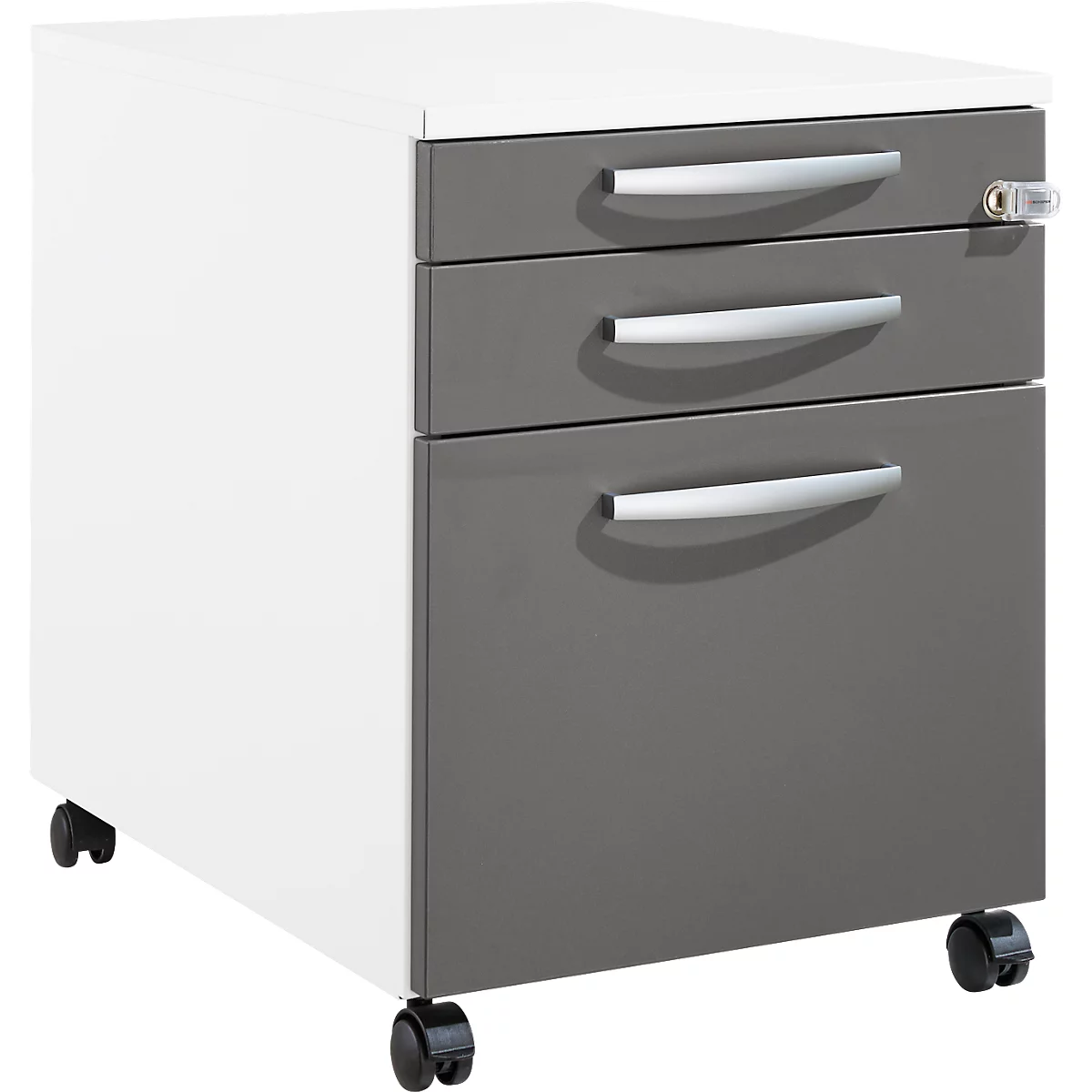 Schäfer Shop Pure Rollcontainer 126, Utensilienauszug + 2 Schubladen, abschließbar, runde Metallgriffe, B 434 x T 600 x H 570 mm, weiß/anthrazit