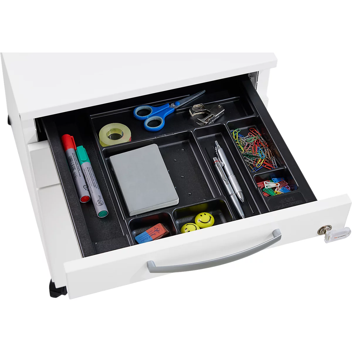 Schäfer Shop Pure Rollcontainer 126, Utensilienauszug + 2 Schubladen, abschließbar, runde Metallgriffe, B 434 x T 600 x H 570 mm, weiß/anthrazit