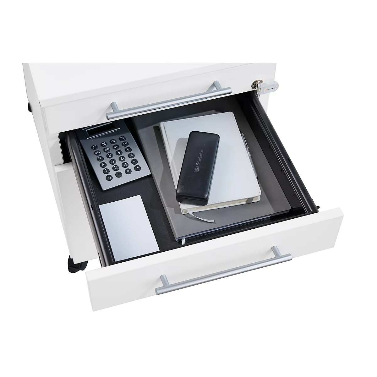 Schäfer Shop Pure Rollcontainer 126, Utensilienauszug + 2 Schubladen, abschließbar, runde Metallgriffe, B 434 x T 600 x H 570 mm, weiß/anthrazit