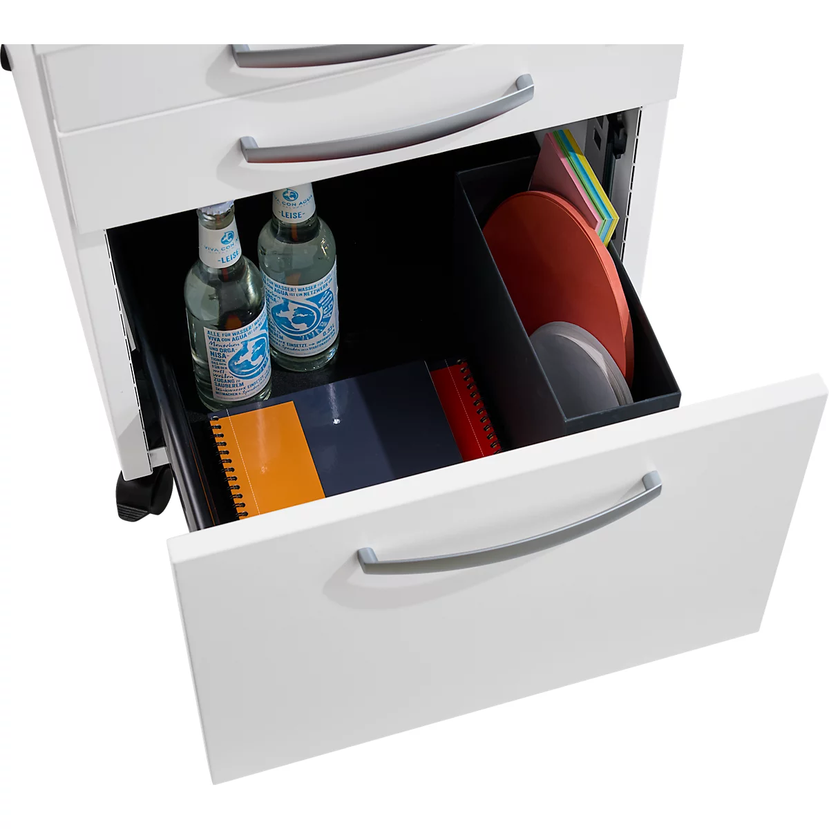 Schäfer Shop Pure Rollcontainer 126, Utensilienauszug + 2 Schubladen, abschließbar, runde Metallgriffe, B 434 x T 600 x H 570 mm, weiß/weiß
