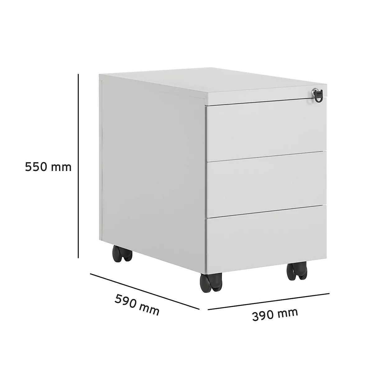 Schäfer Shop Pure Rollcontainer, 3 Schübe, seitliche Griffnut, B 390 x T 590 x H 550 mm, Stahl lichtgrau, abschließbar