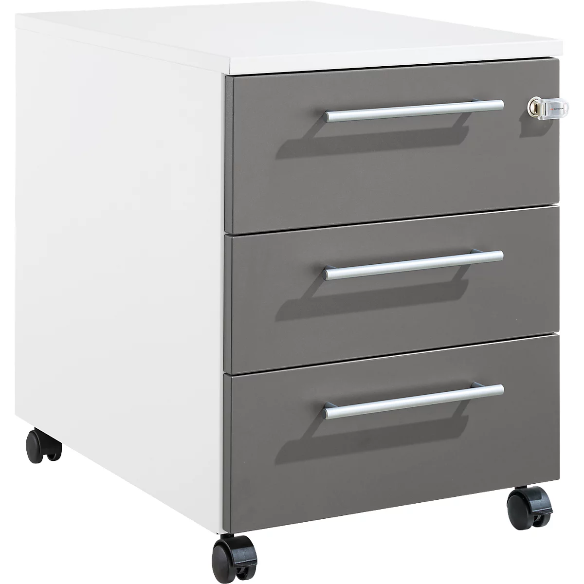 Schäfer Shop Pure Rollcontainer 333, 3 Schubladen, eckige Metallgriffe, abschließbar, B 434 x T 600 x H 570 mm, weiß/anthrazit