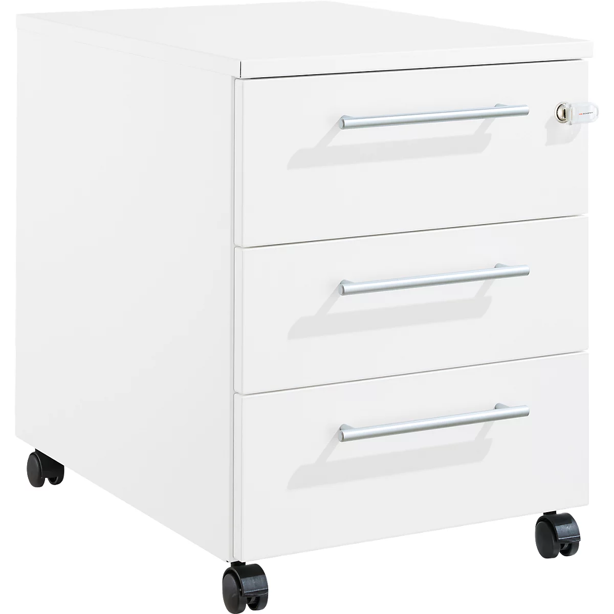 Schäfer Shop Pure Rollcontainer 333, 3 Schubladen, eckige Metallgriffe, abschließbar, B 434 x T 600 x H 570 mm, weiß/weiß