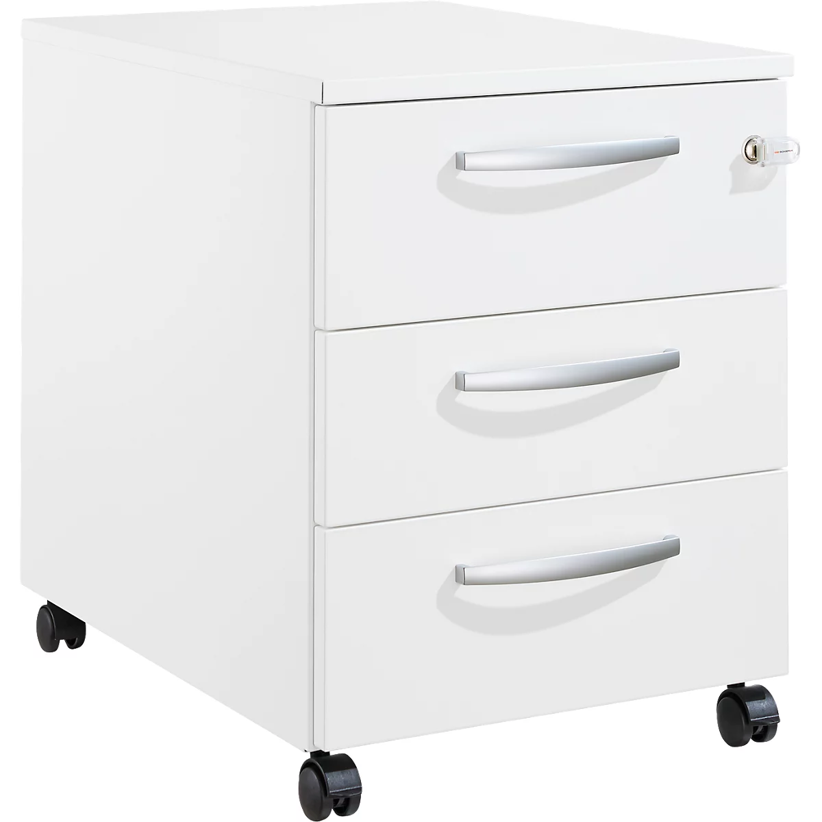 Schäfer Shop Pure Rollcontainer 333, 3 Schubladen, runde Metallgriffe, abschließbar, B 434 x T 600 x H 570 mm, weiß/weiß