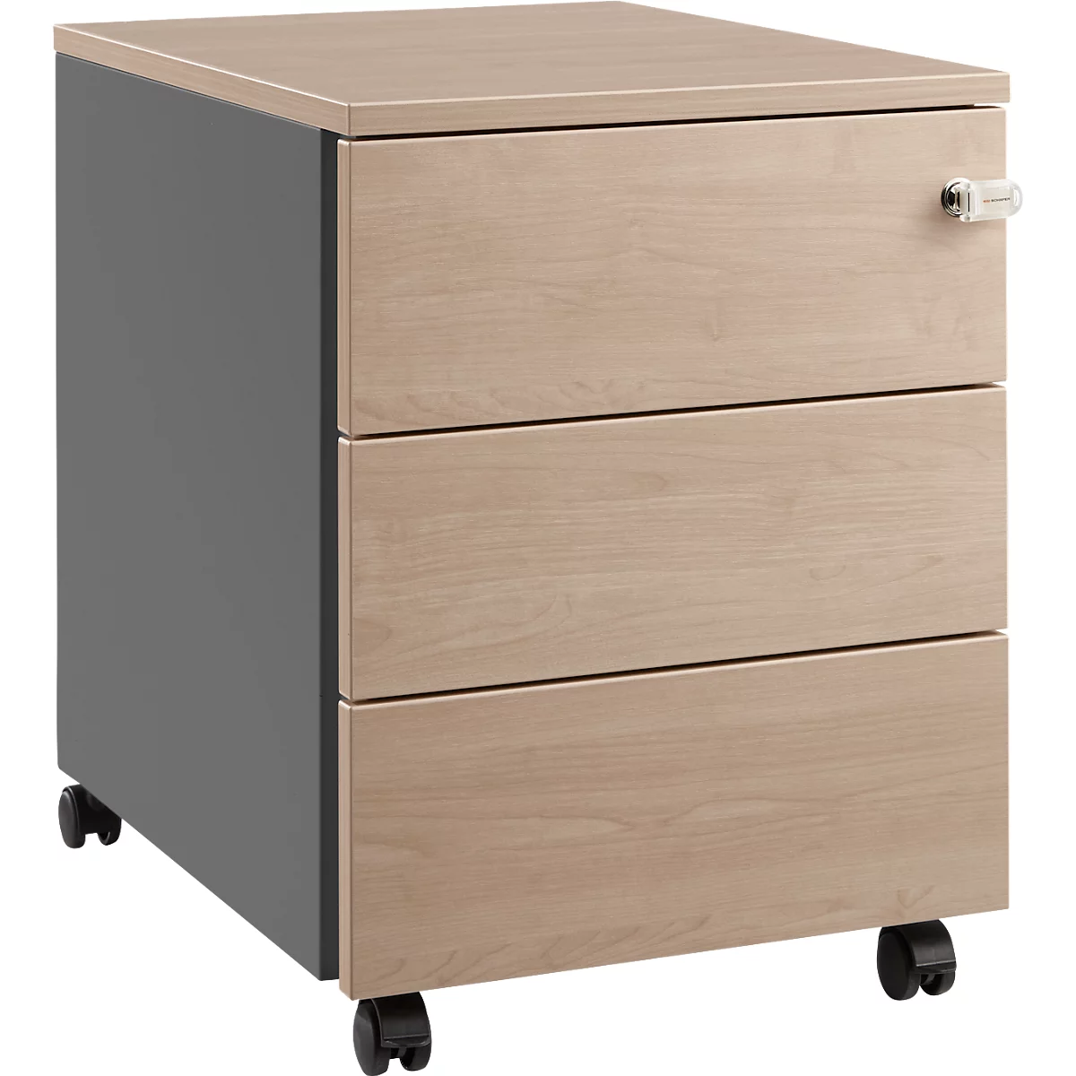 Schäfer Shop Pure Rollcontainer 333, Stahlkorpus, Holzfront, Rollen, abschließbar, B 435 x T 565 x H 567 mm, 3 Schübe, Eiche/anthrazit