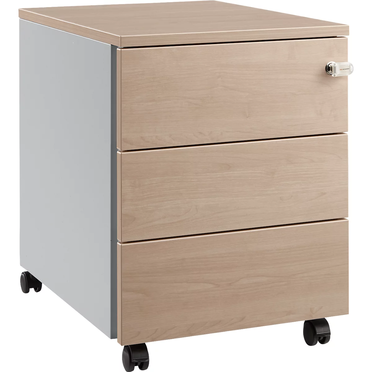 Schäfer Shop Pure Rollcontainer 333, Stahlkorpus, Holzfront, Rollen, abschließbar, B 435 x T 565 x H 567 mm, 3 Schübe, Eiche/weißaluminium