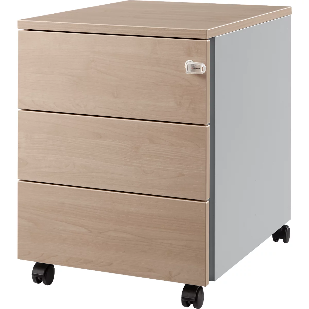 Schäfer Shop Pure Rollcontainer 333, Stahlkorpus, Holzfront, Rollen, abschließbar, B 435 x T 565 x H 567 mm, 3 Schübe, Eiche/weißaluminium