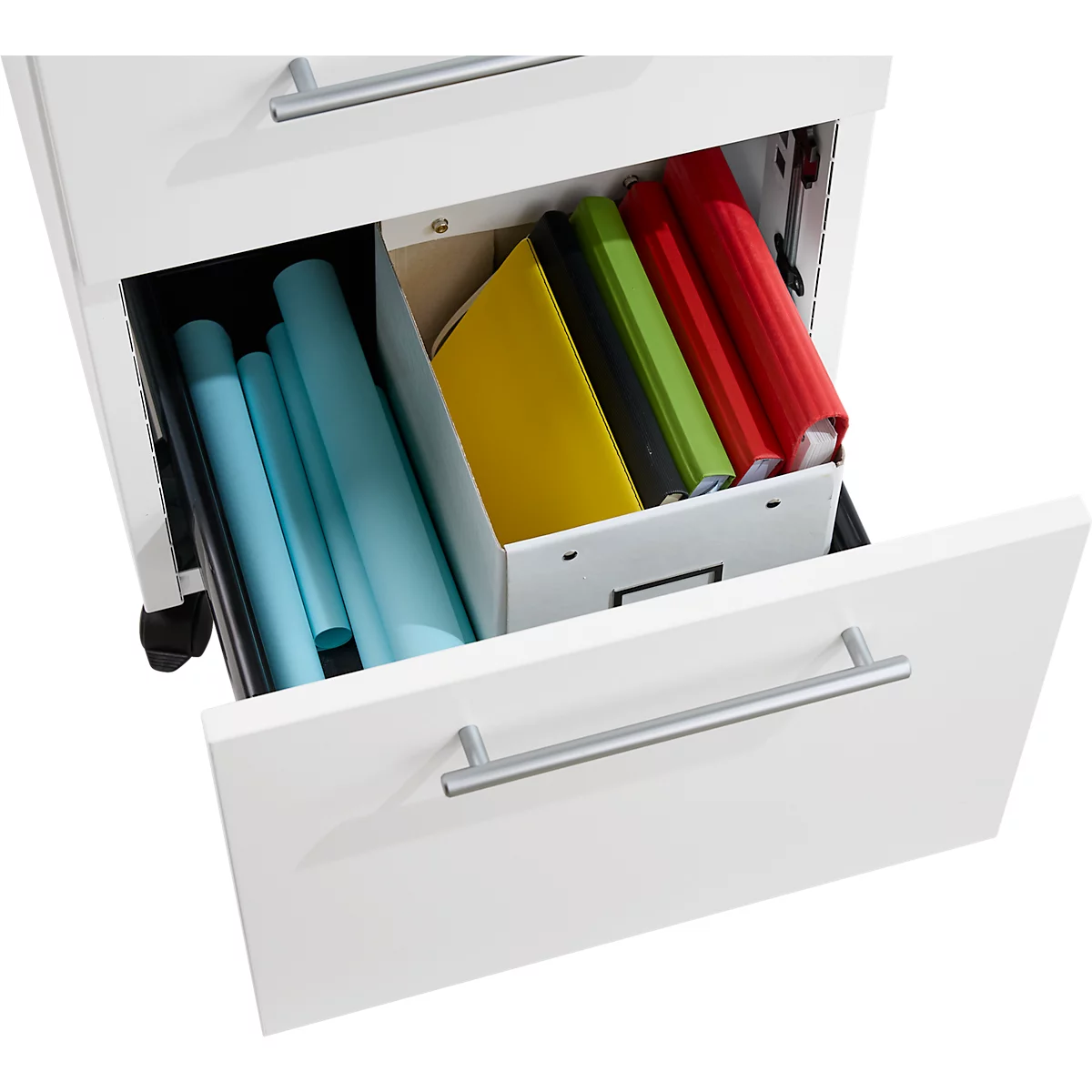 Schäfer Shop Pure Rollcontainer 36, 2 Schubladen, mit extra hohem Stauraumfach, eckige Metallgriffe, abschließbar, weiß/anthrazit