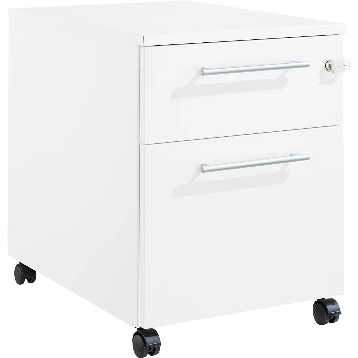 Schäfer Shop Pure Rollcontainer 36, 2 Schubladen, mit extra hohem Stauraumfach, eckige Metallgriffe, abschließbar, weiß/weiß