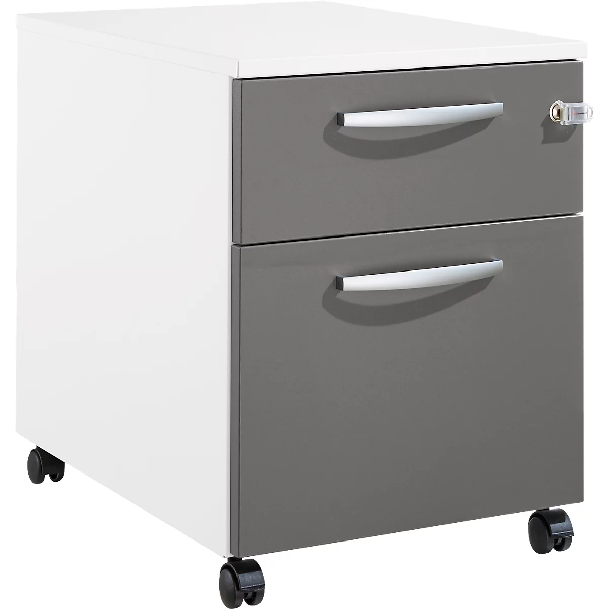 Schäfer Shop Pure Rollcontainer 36, 2 Schubladen, mit extra hohem Stauraumfach, runde Metallgriffe, abschließbar, weiß/anthrazit